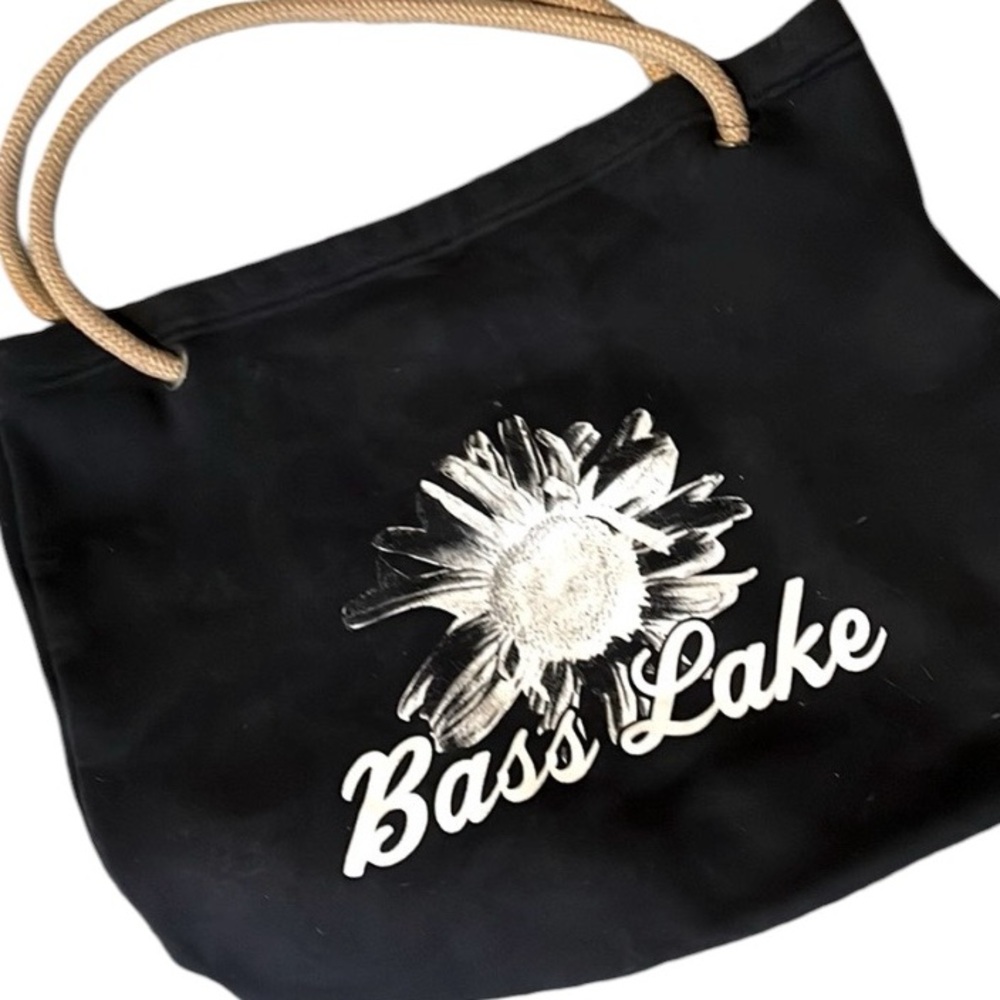 Bass Lake Beach Bag Tote Cloth Black 18 x 14”
